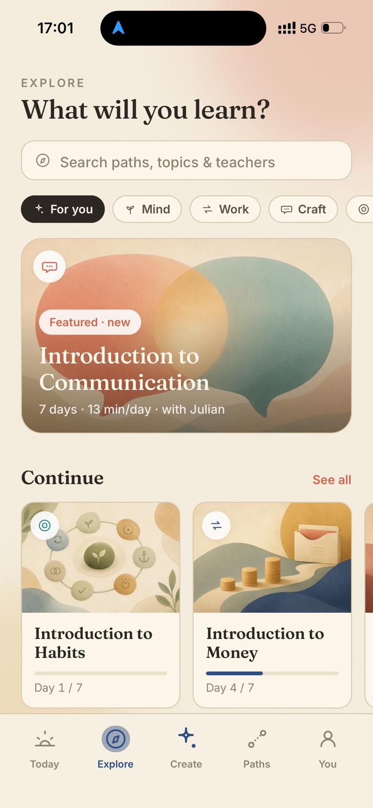 Catalyst Explore screen with a searchable catalogue of learning paths.