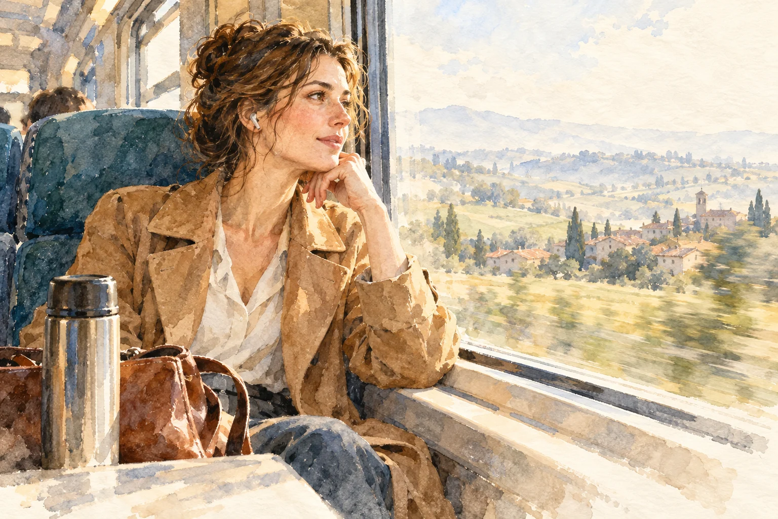 Watercolor painting of a woman listening beside a train window, with a work bag and passing countryside.