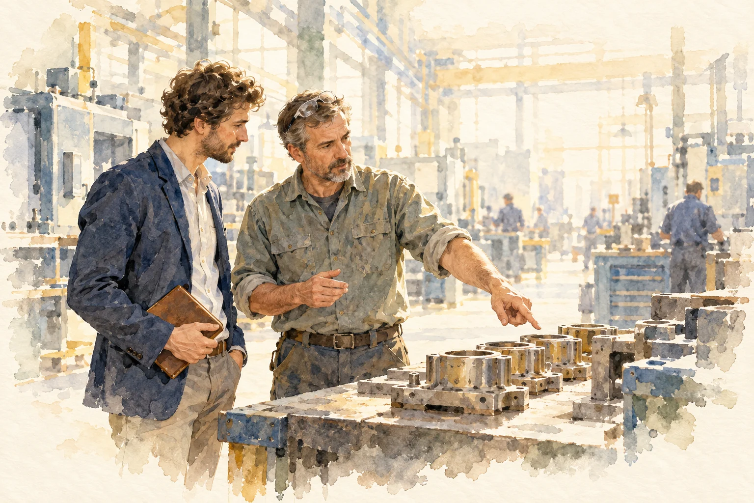 Watercolor painting of a sales engineer listening as a customer explains a delay beside a workbench.