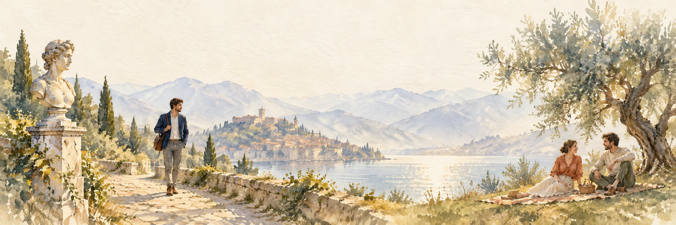 Watercolor landscape with a walking listener, a philosopher’s statue and a couple sharing a picnic above a colorful lakeside city.